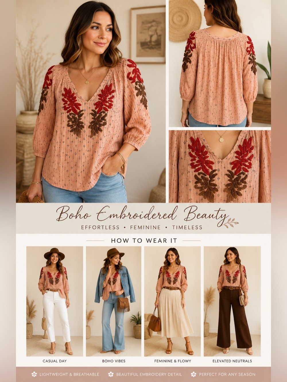 Kut From The Kloth Women’s Large Boho Embroidered Peasant Blouse Peach 3/4 - Picture 2 of 11